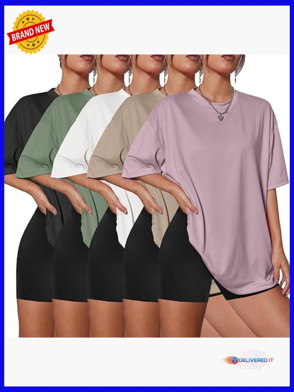 5 Pack Oversized T Shirts Crew Neck Loose Fit Short Sleeve Workout Tee Tops